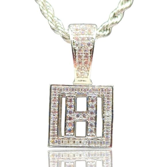 Custom Other - 18" x 3mm Rope Chain - 14K White Gold Finish Square H. Letter.